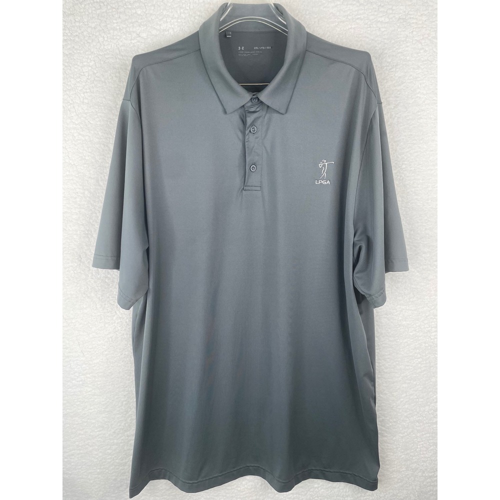 Under Armour Mens Gray LPGA Logo Performance Golf Polo Shirt Size 2XL Loose Fit